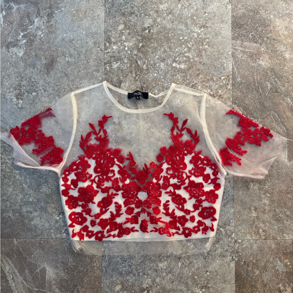 Red Floral Embroidered Sheer Top